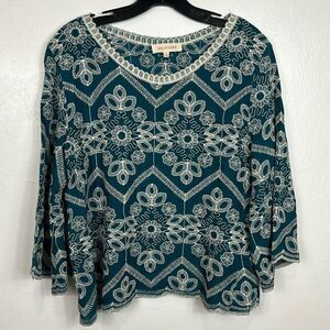 Solitaire Green Embroidered 3/4 Sleeve Round Neck Blouse Top Size L